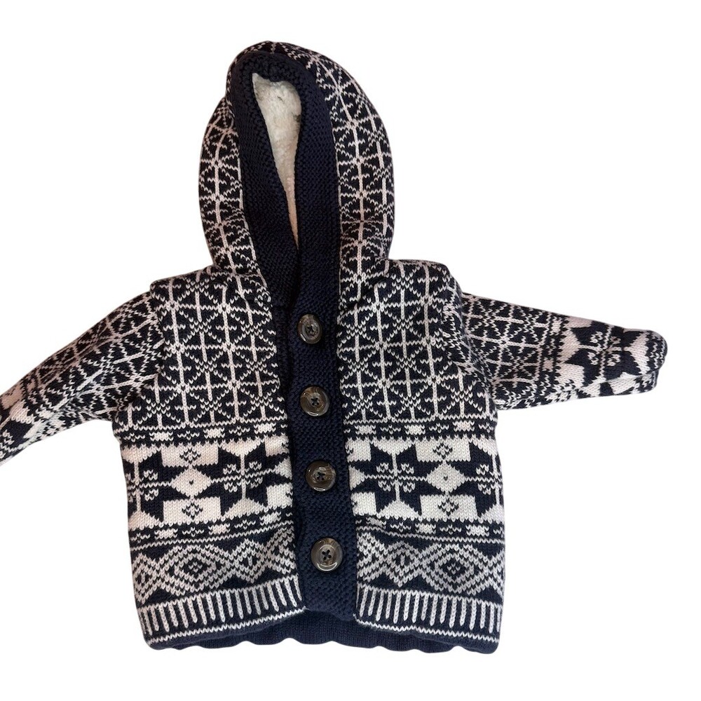 Hanna Andersson Cardigan Sweater Unisex Baby 0-3M Blue Fair Isle Hooded Sherpa